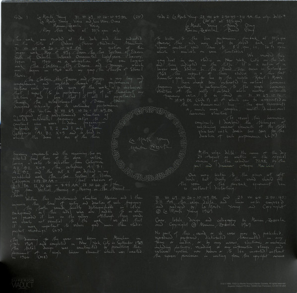 La Monte Young / Marian Zazeela - 31 VII 69 10:26 - 10:49 PM / 23 VIII 64 2:50:45 - 3:11 AM The Volga Delta - LP - Image 2