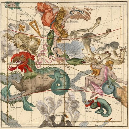 Vernal Equinox , Plate 2 from Globi coelestis in tabulas planas redacti descriptio, Ignace-Gaston Pardies, pub. 1674 (hand coloured engraving)